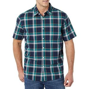 Amazon Essentials Heren stretch popeline overhemd met korte mouwen (verkrijgbaar in groot en lang), groen marineblauw medium geruit, XS