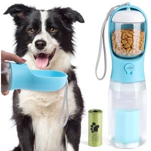 Alyvisun Hondenwaterfles met voedselcontainer en poepzak | 600 ml draagbare puppy waterdispenser om te wandelen | Outdoor drinkbeker voor wandelen met huisdieren