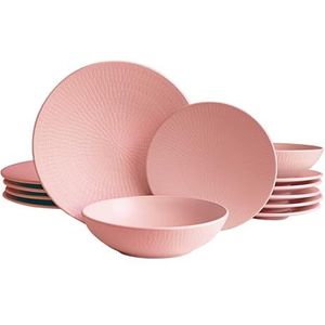 ECHTWERK 18-delig vintage tafelservies, blanka, natuurdesign, voor 6 personen, stijlvolle serviesset met structuur van aardewerk met 6 x platte borden, 6 x bijzetborden, 6 x soepborden, roze
