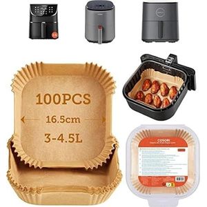 Cosori Bakpapier voor heteluchtfriteuse, XL, 3-4,5 l, 100 stuks, 16,5 cm, ongebleekte airfryer-accessoires, wegwerpschalen met anti-aanbaklaag, perkamentpapier, compatibel met gangbare