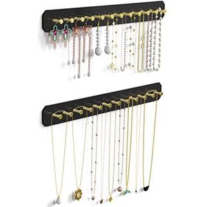 NiHome Hangende sieraden organisatoren, wandmontage acryl sieraden houder oorbel ketting organisator met 24 gouden ronde haken, hangende ketting houder standaard ook voor armband, sleutel - zwart, 2PK