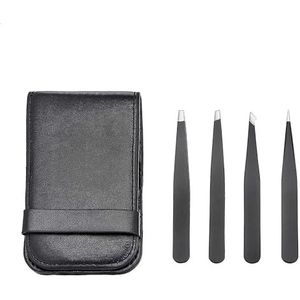 Amazon Basics Pincet, professioneel, roestvrij staal, voor gezichtshaar, wimpers, wenkbrauwen, ingegroeide haren, met reisetui, zwart, 4 stuks