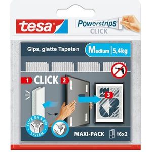 tesa Powerstrips CLICK - Zelfklevende Strips voor Vast- en Losklikken van Fotolijsten en Wanddecoratie, zonder Boren - Kleefstrips met ON en OFF Kliksysteem - Medium - 16 x 2 Stuks