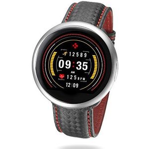 MyKronoz ZeRound2 HR Premium Smartwatch met hartslagsensor, microfoon en geïntegreerde luidspreker, zilvergeborsteld/zwarte koolstofarmband met rode naad