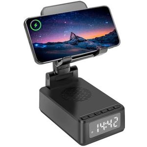 Carehabi 5-in-1 bluetooth-luidspreker met telefoonhouder, draadloze oplader, telefoonhouder met wekker, digitaal, cadeau voor mannen, papa, mama, vrouwen, verjaardagscadeau