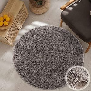 carpet city Tapijt woonkamer - Shaggy hoogpolig grijs - 120x120 cm rond effen - moderne tapijten