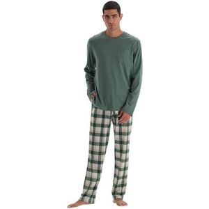 Dagi Mannen ronde hals lange mouw zak gedetailleerde katoenen modale T-shirt en broek pyjama set, groen, M, Groen, M