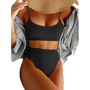 Lilosy Hoge Taille Buikcontrole Geribbelde Bikini Crop Top Braziliaanse Badpak Set 2 Stuk, Zwart, L