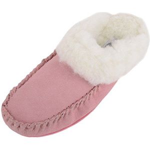 SNUGRUGS Dames luxe lamswol suède muilezel slipper met rubberen zool, roze, 36 EU