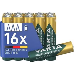 VARTA Batterijen AAA, oplaadbar, verpakking van 16, Recharge Accu Power on Demand, oplaadbare batterij, 1000 mAh Ni-MH, zonder memory-effect, voorgeladen, gebruiksklaar [Exclusief bij Amazon]