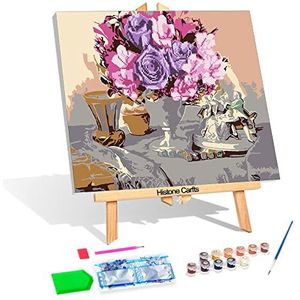 Diamond Painting & Painting by Numbers, 2 in 1 set motief boeket bloemen, handwerkset om te schilderen met acrylverf en glittersteentjes voor kinderen vanaf 8 jaar