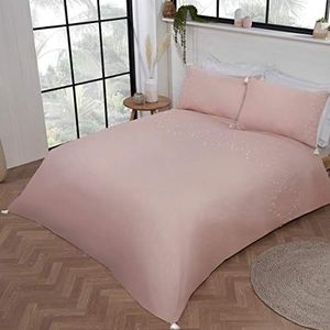 Sleepdown Luxe Boho geborduurd paneel band effen blush roze witte kwastjes gemakkelijk te onderhouden zacht, gezellig dekbedovertrek set met kussenslopen-dubbel (200 cm x 200 cm), polykatoen
