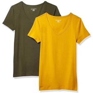 Amazon Essentials Women's T-shirt met korte mouwen en V-hals in slanke pasvorm, Pack of 2, Goud/Olijfgroen, XS