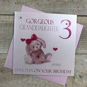White Cotton Cards Prachtige kleindochter 3, roze konijntje handgemaakte leeftijd 3 verjaardagskaart, Ngd3