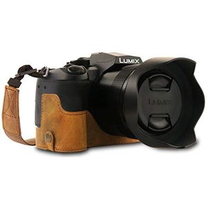 MegaGear MG1683 Ever Ready cameratas van echt leer met draagriem, compatibel met Leica V-Lux 5, Panasonic Lumix DC-FZ1000 II - Camel