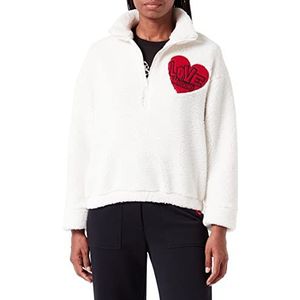 Love Moschino Dames Zipped Collar in Eco Teddy Fur with Heart Patch. Sweatshirt, crème, 40