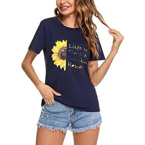 Irevial Dames zomer korte mouwen, dames casual T-shirt paardenbloem print T-shirt losse ronde hals vrouwen effen casual letter bedrukt basic bovenstuk elegante top, Donkerblauw, XL