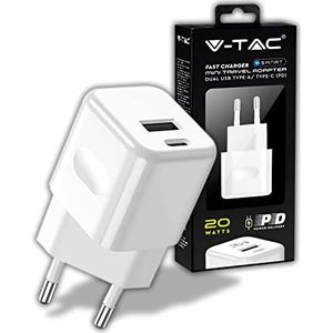 V-TAC Snellader 20 W USB-C voor iPhone Samsung - Mini Ultra snelle oplader voor smartphone - Dual USB type C en USB A voor iPhone 11/12 / 13/14 / PRO/MAX en S21 / S22