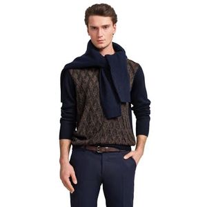 Cognac - Gebreide Trui - 2-Kleurig Ruitpatroon - Lange Mouwen