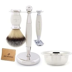 Jag Shaving Scheerset - ivoor scheerset - scheerset voor mannen en vrouwen - synthetische scheerkwast - dubbele rand veiligheidsscheermes - scheerstandaard - scheerschaal - lederen scheermes