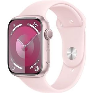 Apple Watch Series 9 (GPS 45 mm) Smartwatch - Kast van roze aluminium - Lichtroze sportbandje S/M. Conditie bijhouden, Saturatie-app en Ecg-app, Always-on Retina-display, waterbestendig