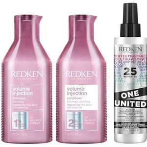 Redken, Routine Voor Fijn en Futloos Haar, Set van Shampoo, Conditioner & Leave-In, Herstelt het Haar en Geeft Volume, Met Filloxane en Verzachtende Polymeren, Volume Injection & One United