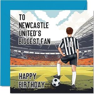 Voetbalverjaardagskaart voor fans van Newcastle - Biggest Fan - Fun Happy Birthday Card voor zoon vader broer oom collega vriend neef, 145 mm x 145 mm Footy Footie Bday wenskaarten