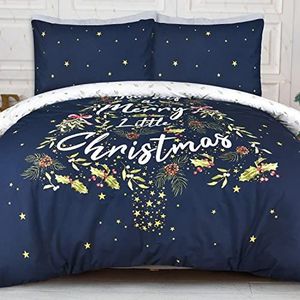 Sleepdown Merry Christmas Holly Tree Marinewit, omkeerbaar dekbedovertrek, dekbedovertrekset met kussensloop, zacht, onderhoudsvriendelijk beddengoed - Eenpersoons (135 cm x 200 cm), 5056557512706,
