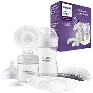 Philips Avent-handkolf cadeauset- Enkele borstkolf, babyflessen van 260 ml en 125 ml, BPA-vrij, 4 borstkompressen voor eenmalig gebruik (model SCD430/60)