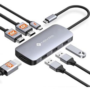 NOVOO 7-in-1 Docking Station Dual Monitor, UBS C Hub naar 2 HDMI 4K, Displayport 8K, 100W PD, USB x 3, Triple Display Docking Station voor Dell, HP, Lenovo, ASUS, Microsoft