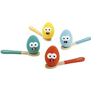 Janod Verjaardagsspel - Eieren race | Ideaal voor kinderen vanaf 3 jaar | Bevat 4 lepels en 4 gekleurde houten eieren