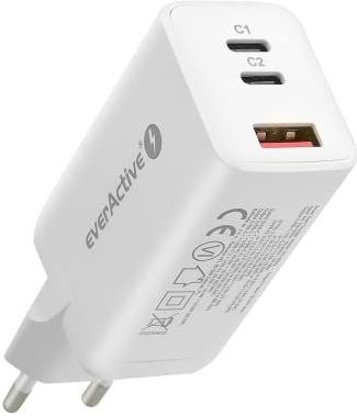 everActive GaN oplader met QC4 + USB-aansluiting en 2 x USB-C PD PPS-aansluiting, snel opladen, totaal vermogen 65 W, solide, eendelige behuizing, model SC-650Q