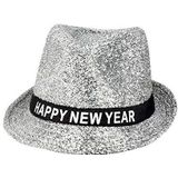 Boland 13450 - hoed Sparkling Happy New Year, zilver met glitter, fonkelende fedora voor oudejaarsavond, hoedband met letters, accessoire, cadeau