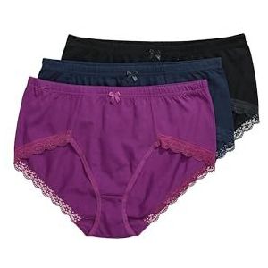 Ulla Popken Dames grote maten grote maten plus size kantoorslips, verpakking van 3 stuks, kanten randen, voor lang zitten, Lichte pruim, 42-44