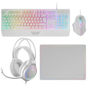 Mars Gaming MCP124PRO, Gaming Combo 4in1, RGB H-Mech Toetsenbord met Polssteun, RGB Muis 3200DPI en HUANO Switches, FRGB Hoofdtelefoon, Nanotextiel Muismat 36x26cm, Multiplatform, Portugees, Wit