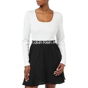 Calvin Klein Jeans Dameslogo elastische jurk met lange mouwen Fit & Flare, Helder Wit/Ck Zwart, M