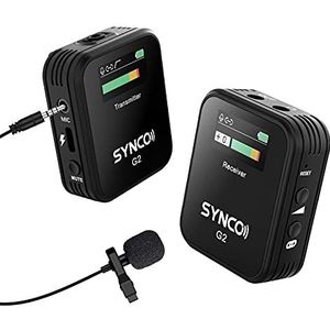 SYNCO lavalier draadloze microfoon-draadloze clip-on microfoon-draadloos G2 (A1), TFT-scherm, 2,4 GHz microfoonsysteem, audiobewaking, versterkingsregeling, tot 70 m voor camera smartphone laptop DSLR-camcorder