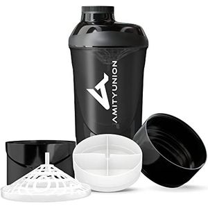 Fitness shaker 700 ml met 2 extra compartimenten - Luxe proteÃ¯neshaker volledig lekvrij - BPA vrij met zeef en weegschaal voor wei en BCCA poeder, bidon voor trainingstherapie - zwarte rookbeker