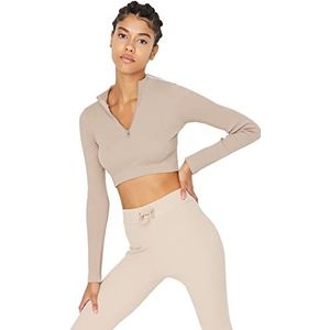 Trendyol Vrouwen Sportkleding Crop Standaard Staande Kraag Gebreide Blouse, Steen, S
