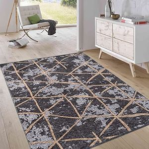 Jimri Laagpolig omkeerbaar tapijt - plat geweven tapijt voor slaapkamer en woonkamer, ingang, hal - machinaal gemaakt, zachte polyester en katoenen loper - ruit-antraciet, maat: 150x230 cm
