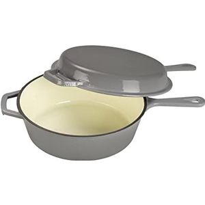 Echtwerk 2-in-1 stoofpan en grillpan, gietijzeren braadpan met deksel, gietijzeren pan met emaille coating, geschikt voor oven, grill, BBQ en inductie, grijs, 2,5 l