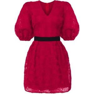 Swing Fashion Kastanjebruin, licht uitlopende mini-jurk van tule met pofmouwen in rozen | maat 38, rood, 38