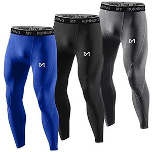 MEETYOO Compressiebroek voor heren, sportlegging, ademend, fitnesspanty, functioneel ondergoed, onderbroek, lang, voor hardlopen, wandelen, fietsen, grijs + blauw + zwart, L