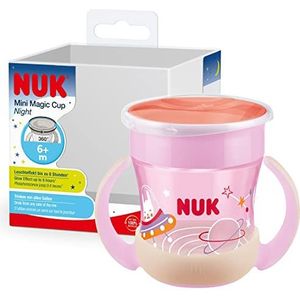 NUK Mini Magic Cup Night drinkglas, 360° randbescherming, 6+ maanden, oplichtend in het donker, eenvoudige grip, BPA-vrij, 160 ml, roze