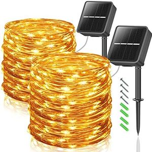 LEDYA [Set van 2] solarlampen voor buiten, 10 m, 100 leds, buitenverlichting, 8 modi, waterdicht, koperdraad, decoratieve verlichting voor tuin, binnenplaats, feest, terras, warm wit