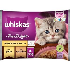 Whiskas Pure Delight Houd delicatessen junior natvoer voor katten, 13 verpakkingen met elk 4 zakjes van 85 g (52 zakken in totaal)