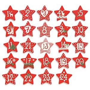 GLOREX 6 1710 121 - Kerstkalender met houten sterren, met cijfers van 1-24, rood, als decoratieve kerstkalender