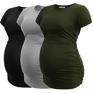 Smallshow Dames zwangerschapsmode tops zijdelings geplooide zwangerschapstop 3-pack, zwart/grijs/legergroen., XL