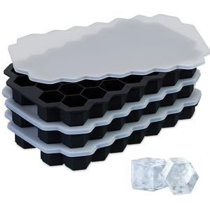 Relaxdays siliconen ijsblokjesvorm, set van 3, herbruikbaar, flexibele vorm, 37 zeshoekige ijsblokjes, met deksel, zwart