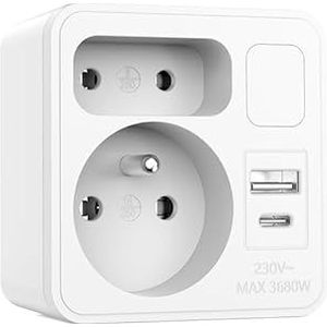 Biplite front 2 stopcontacten 16A + 6A Franse standaard met 1 USB-A-aansluiting en 1 USB-C-aansluiting. Met nachtlampje. 5-in-1 stekkerdoos ideaal voor het aansluiten van uw telefoon, tablet…
